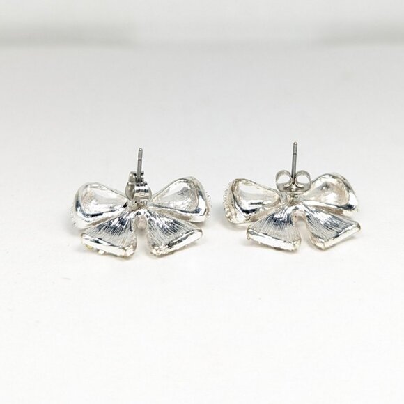 Rhinestone Silver Bow Stud Post Fun Fashion Earrings - Picture 8 of 11
